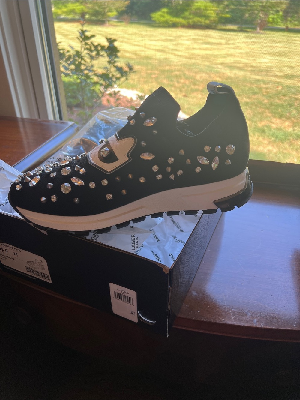 Karl Lagerfeld Women’s Black Slip-On Sneaker with Crystal Studs and Cat Motif - Picture 5 of 7